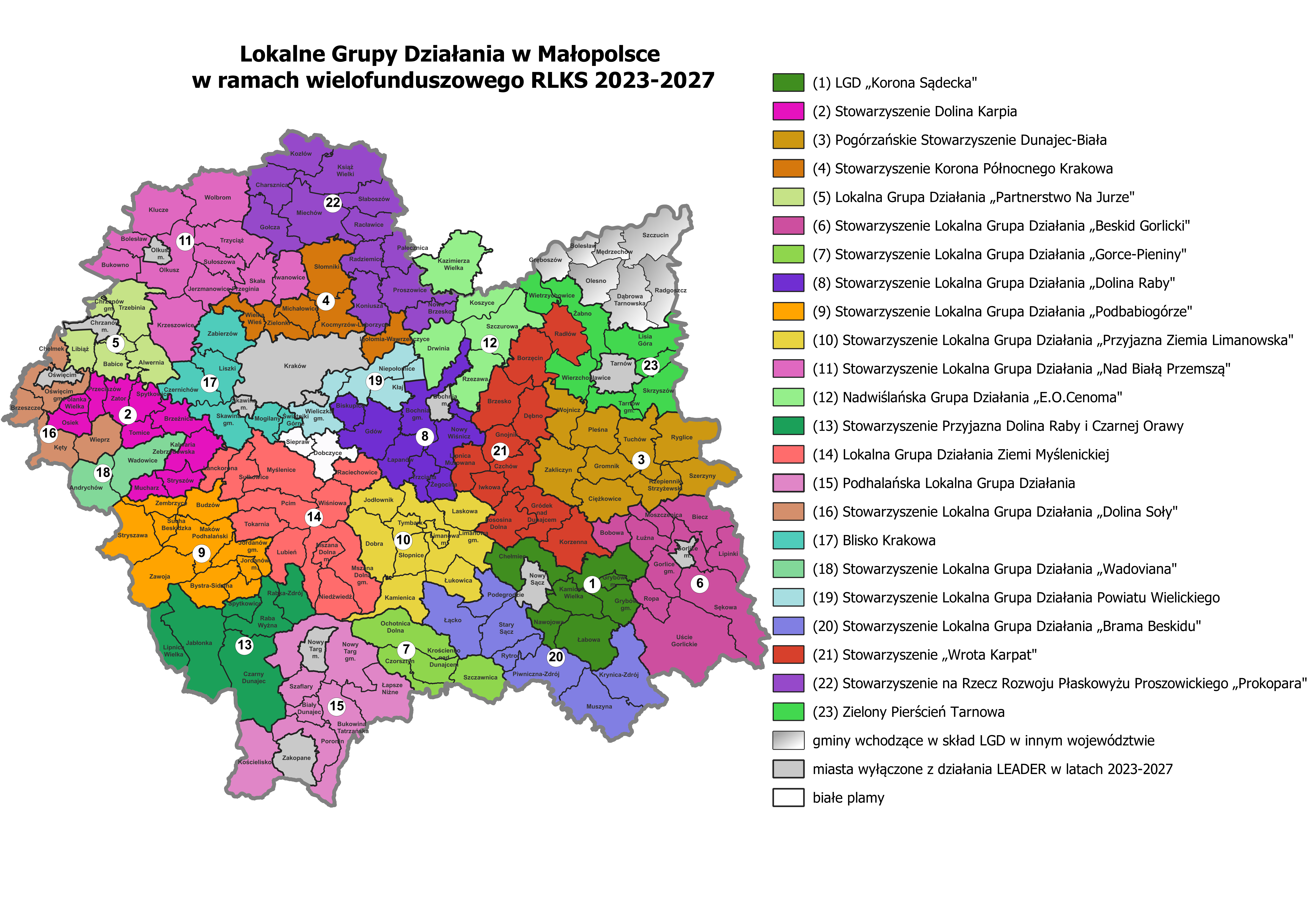 Mapa przedstawiająca podział gmin pomiędzy małopolskie LGD